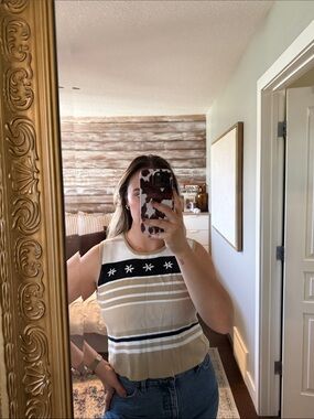 Vintage 1960s Beige Striped Knit Tank Vest